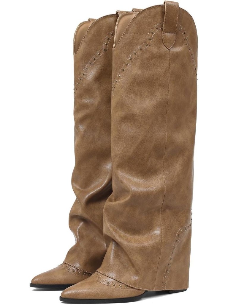 Women's Shark Studded Fold Over Knee Khaki High Boots Pull On Cowgirl Boot